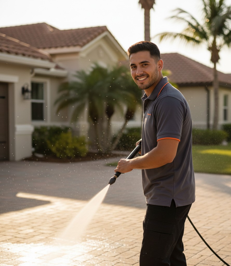 G4 technician pressure washing a driveway